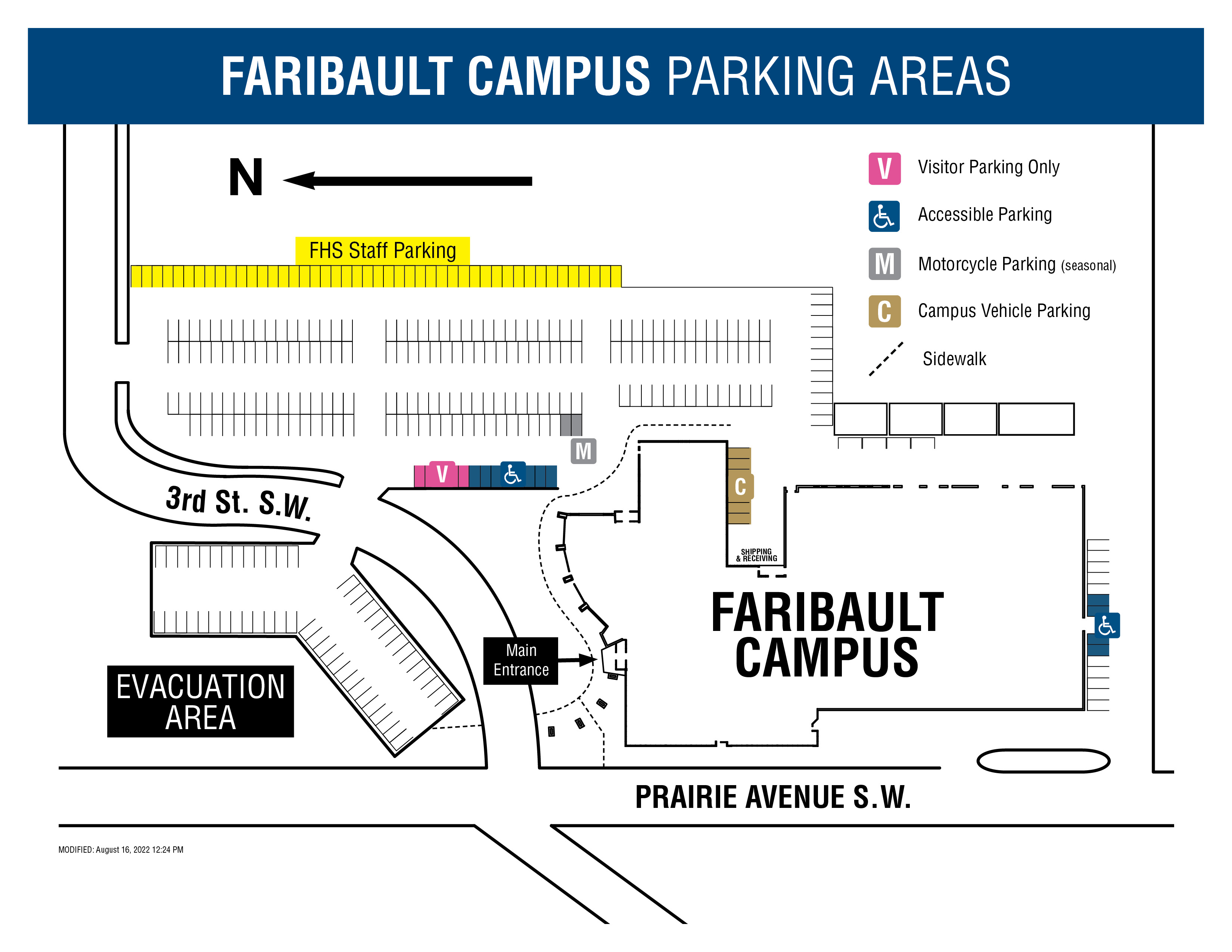 Faribault Campus Parking lots and building entrance map