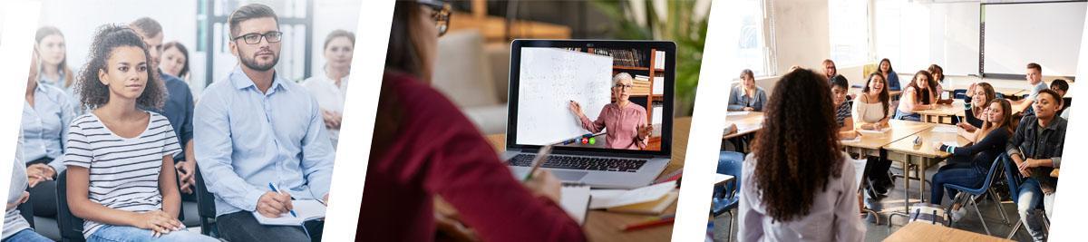 Photos of high school students participating in college classes in a variety of ways; on campus, online, and in their highschool