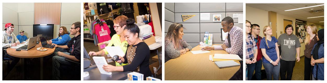 Photo montage of students interacting with other students, meeting with advisor, buying books, and participating in orientation