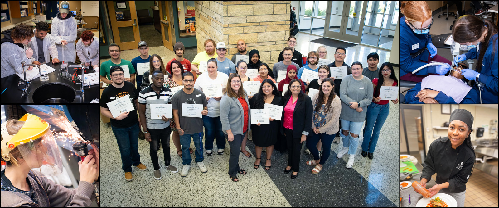 Montage of images of classroom, labs, and a scholarship recipients.
