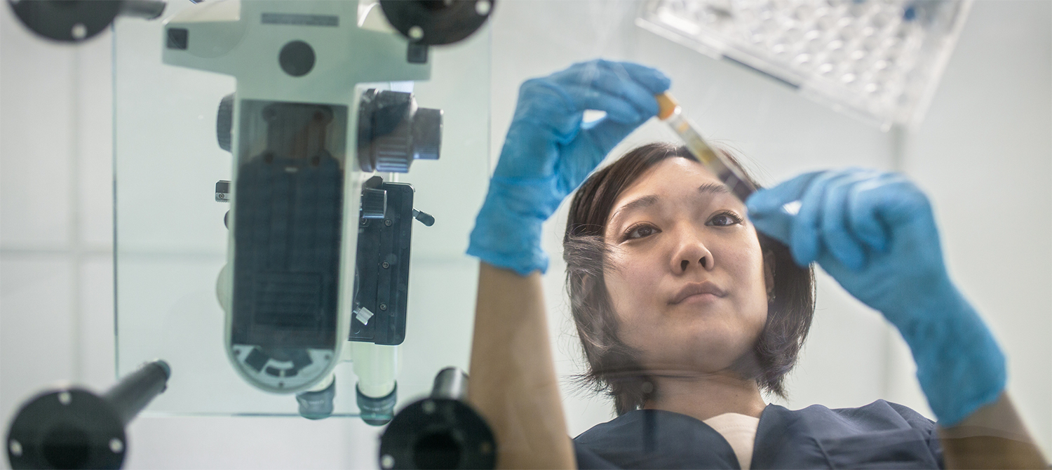 Photo of female medical lab tech at workstation looking at sample