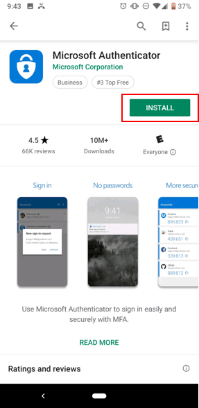 screen shot of Install Button for the MicroSoft Authenticator Ap
