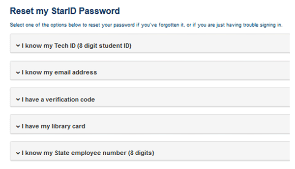Screen shot of Minnesota State's website outlining options for reseting password.