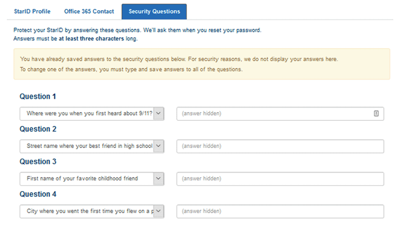 Screen shot of Minnesota State's website showing the Security Question options/interface