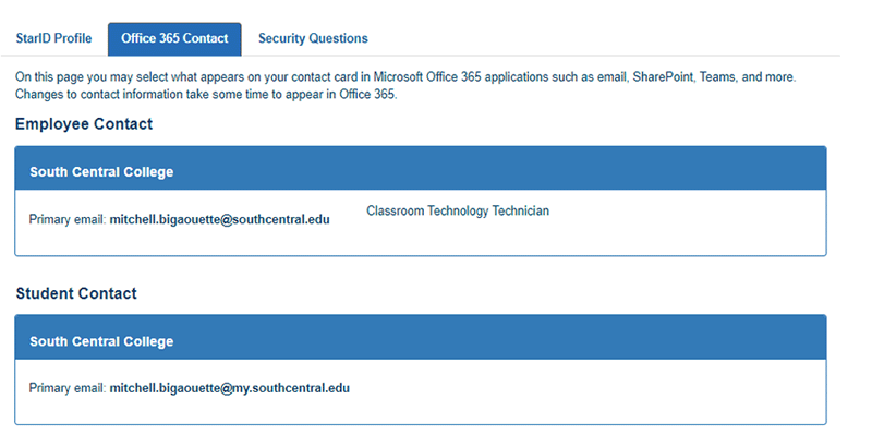 Screen shot of Minnesota State's website showing options changing email contact info