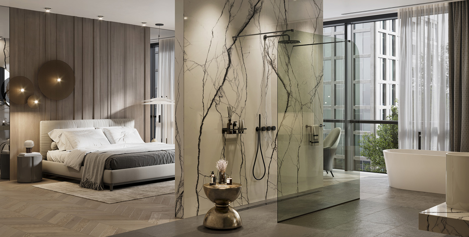 photo of luxurious bedroom/bathroom suite